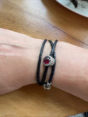 Pandora Black Braided Leather Triple Wrap Bracelet with Red Gem Bead